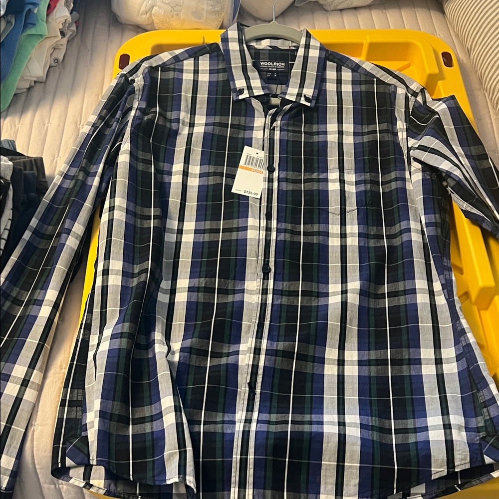 Woolrich Men's Black and Blue Plaid Button Down Shirt